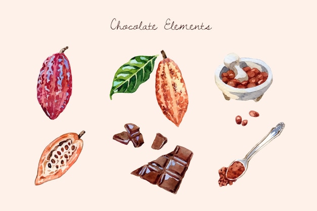 Collezione di elementi di cioccolato ad acquerello