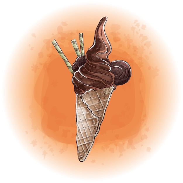 Watercolor chocolate ice cream in a sweet cone graphics 06