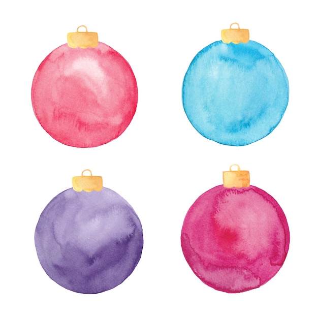 Watercolor christmas ball ornaments isolated. painted christmas baubles set.