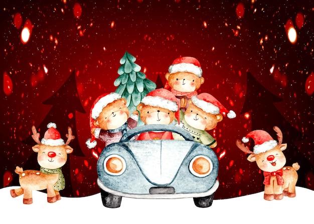 Watercolor Christmas bear riding a car