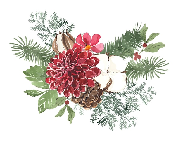 Watercolor christmas bouquet with eucalyptus and holly