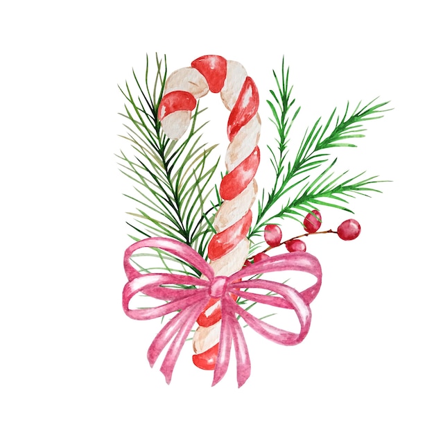 Watercolor Christmas candy cane with decor.