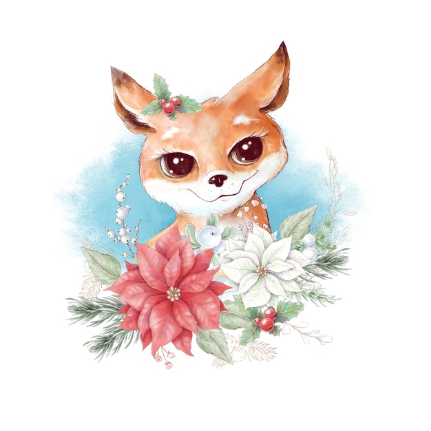 Vector watercolor christmas character fox