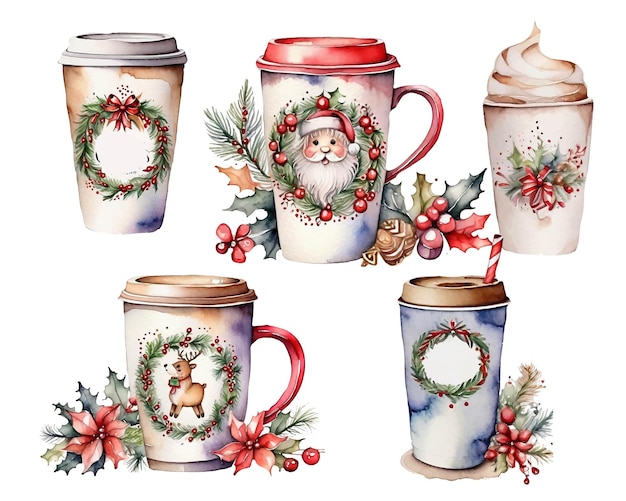 Watercolor Christmas Coffee drinks clipart design