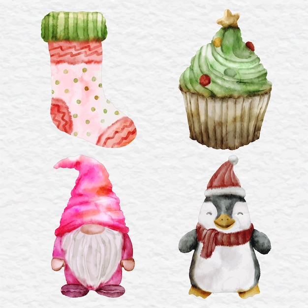 Watercolor christmas collection element gnome penguin sock and cupcake