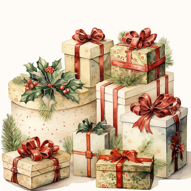 Watercolor Christmas composition of gift boxes