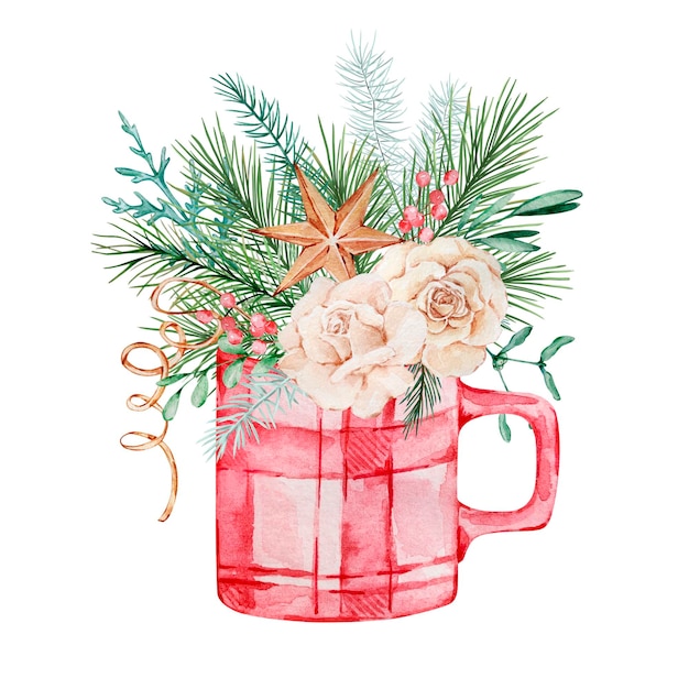 Composizione natalizia ad acquerello, tazza rossa con un mazzo di fiori e vegetazione invernale