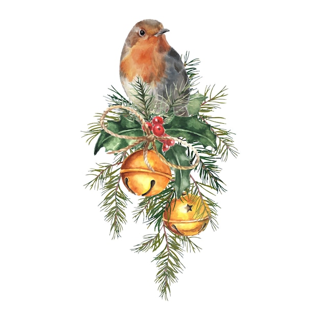 Watercolor christmas composition with robin bird and bells