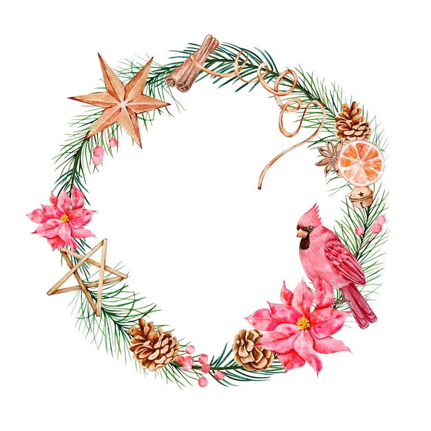 Watercolor christmas composition, wreath with cardinal bird and winter greens