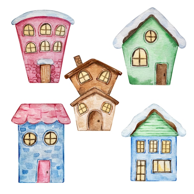 Watercolor christmas cute different houses on white background