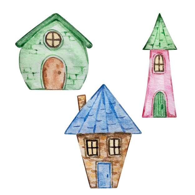 Watercolor christmas cute different houses on white background