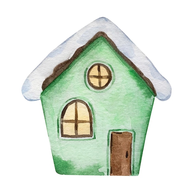 Watercolor christmas cute green house