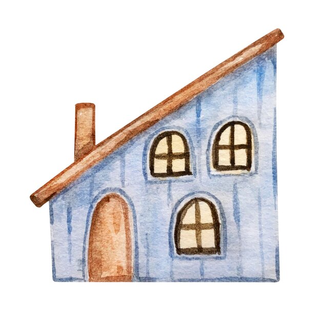 Watercolor christmas cute winter blue house