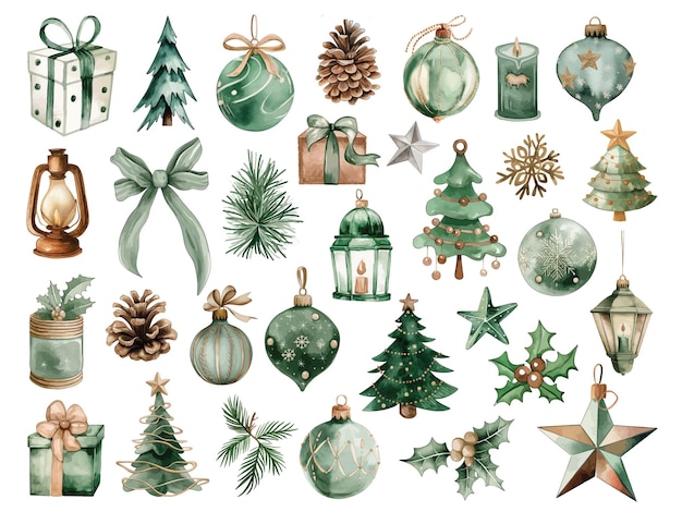 Vector watercolor christmas decor elements set