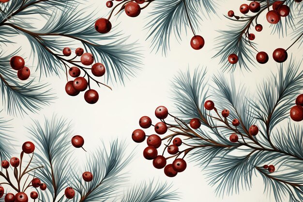 Watercolor Christmas design branches with holly berries and spruce Seamless pattern winter fir back