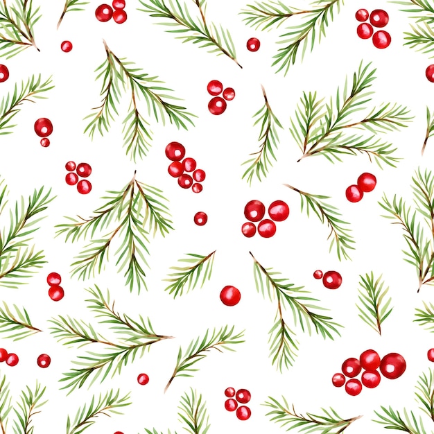 홀리 베리와 가문비나무 원활한 패턴 겨울 전나무 배경 벡터 일러스트 레이 션 수채화 크리스마스 디자인 지점
