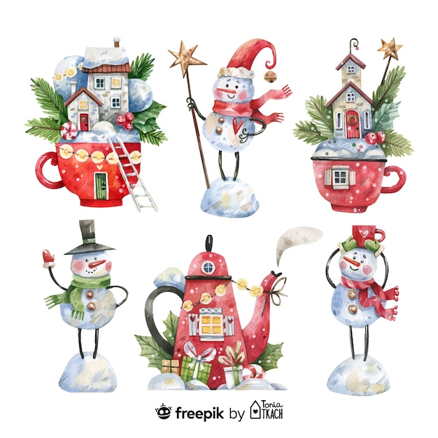 Watercolor christmas element collection and characters