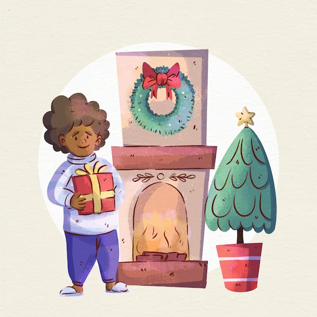 Watercolor christmas fireplace scene