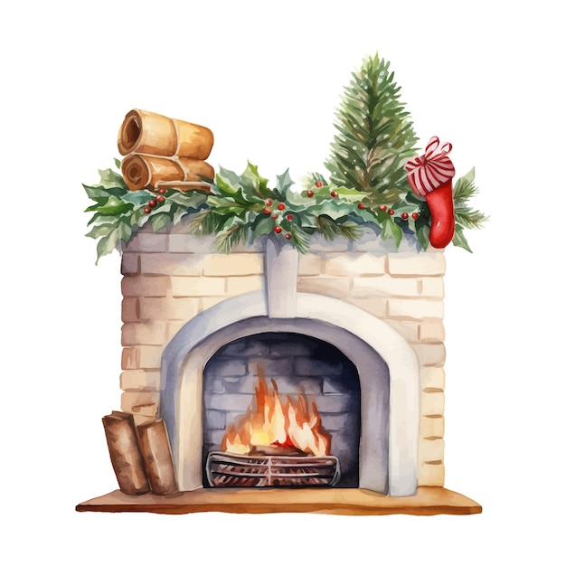 Watercolor Christmas fireplace with christmas decor on mantel shelf and pile of firewoods