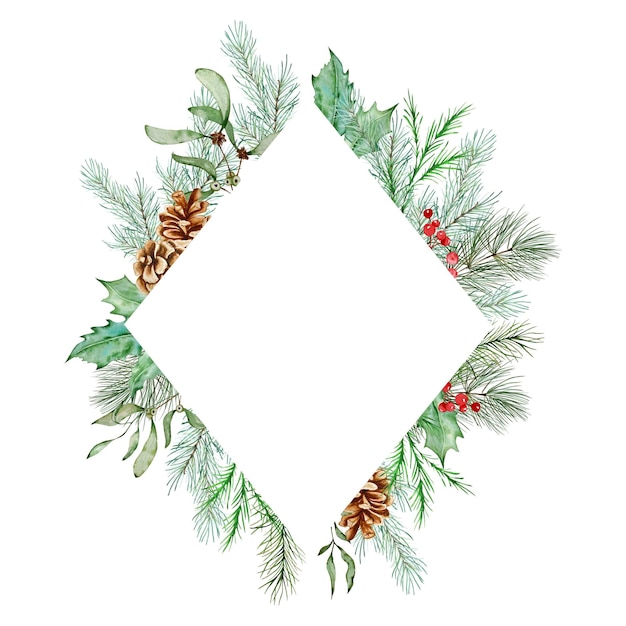 Watercolor christmas floral frame. botanical design postcard with traditional decor of winter plants