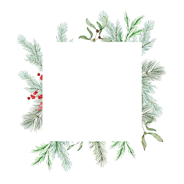 Watercolor Christmas floral frame. Botanical design postcard with traditional decor of winter plants