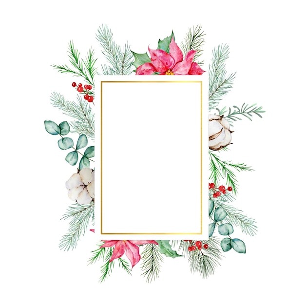 Vector watercolor christmas floral  frame. botanical design postcard with traditional decor of winter plants