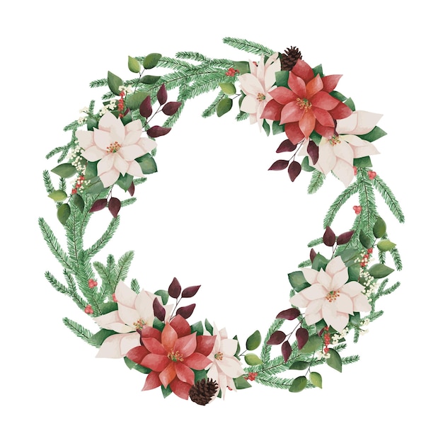 Vector watercolor christmas floral frame or winter floral wreath consisting of flowers leaves and branches.