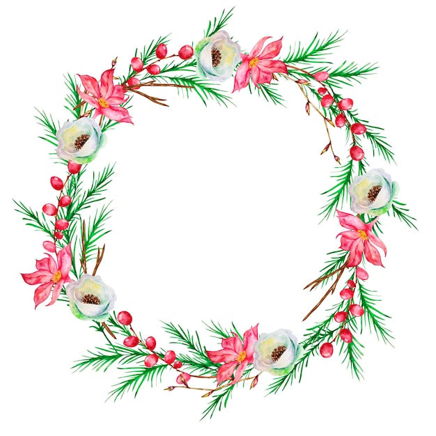 Watercolor Christmas floral wreath. Botanical design postcard with traditional decor of winter plants