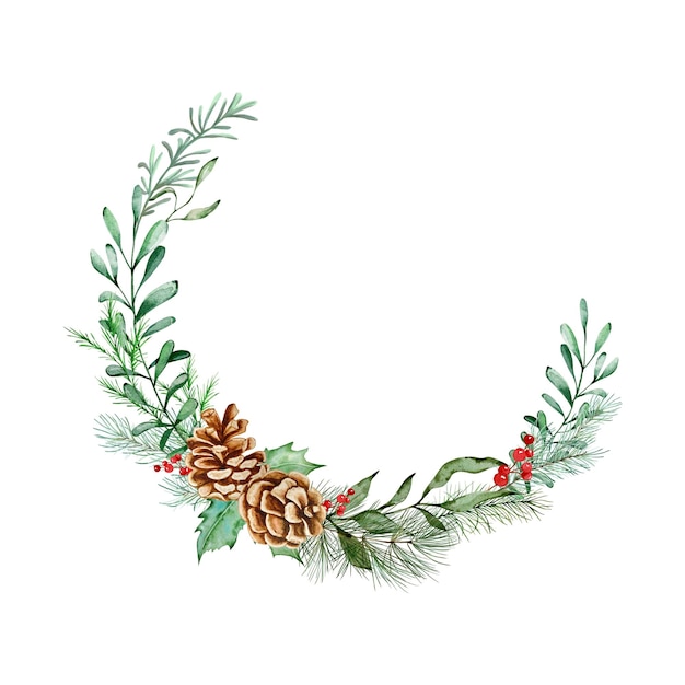 Watercolor Christmas floral wreath. Botanical design postcard with traditional decor of winter plants