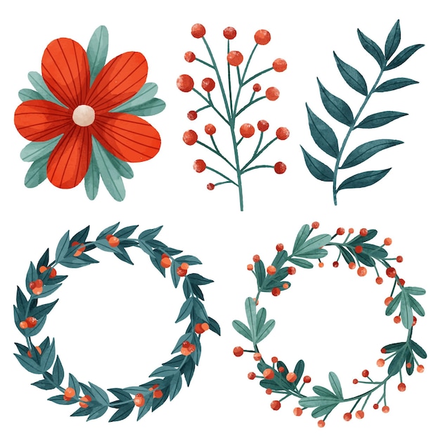 Vector watercolor christmas flower & wreath collection