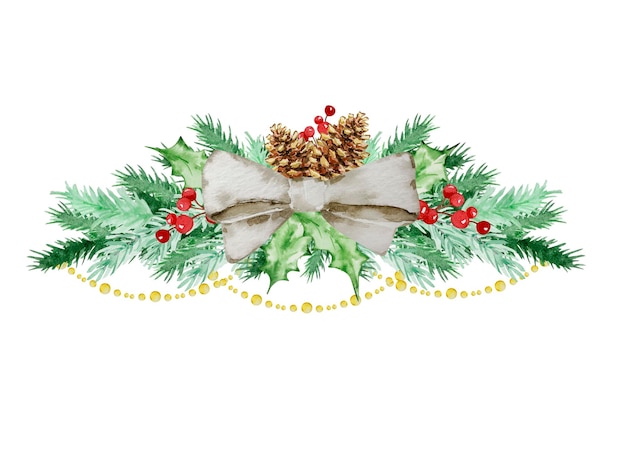 Watercolor Christmas frame of fir and pine branches with decorations