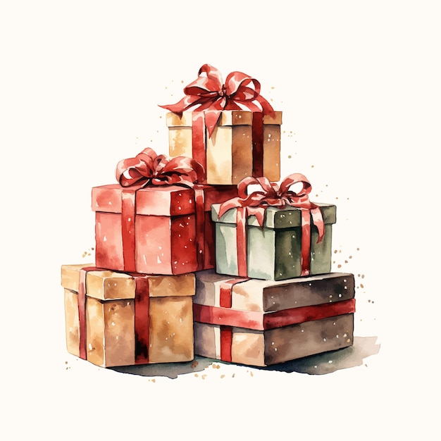 watercolor christmas gift box with ribbon