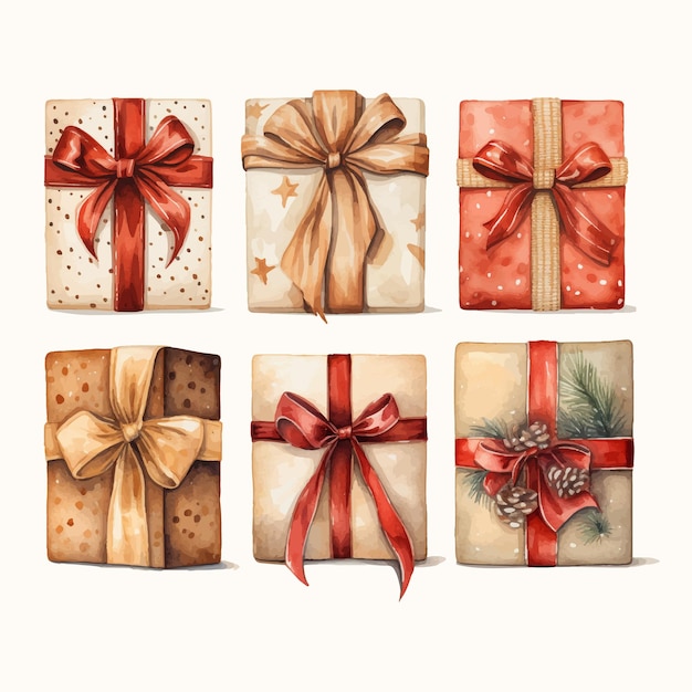 watercolor christmas gift boxes with ribbon