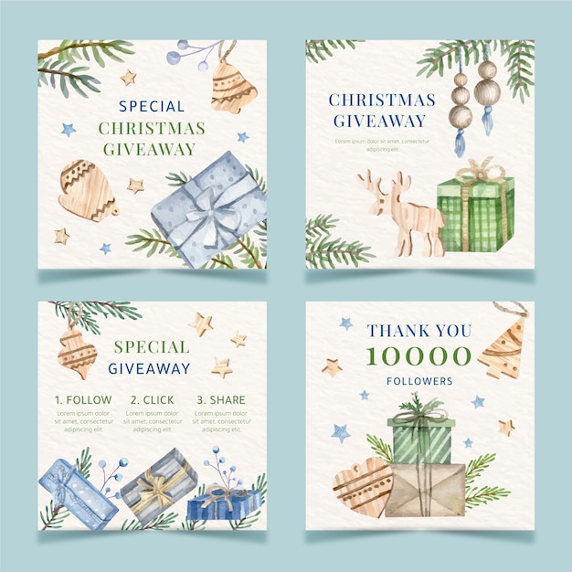 Vector watercolor christmas giveaway instagram posts collection