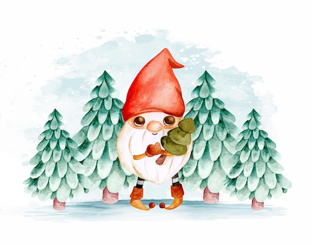 watercolor christmas gnome with christmas tree