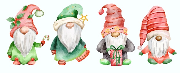 Watercolor christmas gnomes collection