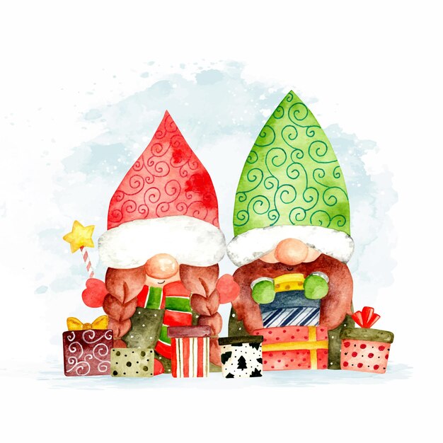 Watercolor christmas gnomes with gifts