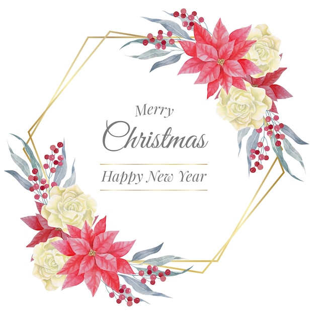 Vector watercolor christmas golden polygonal frame with roses and poinsettia