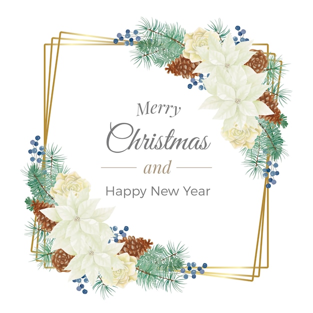 Vector watercolor christmas golden square frame with white poinsettia