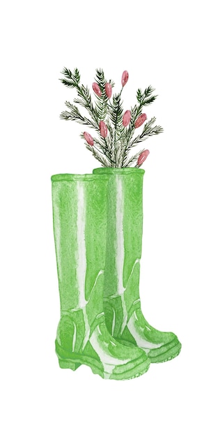 Vettore wellies di natale verde e rosso dell'acquerello con rami di abete