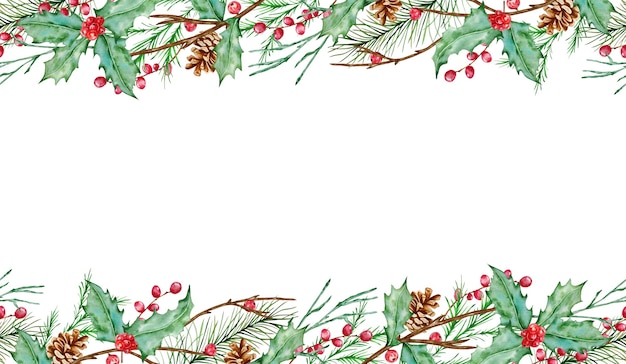 Watercolor Christmas  horizontal seamless composition with fir branches, holly berries, fir and pine cones