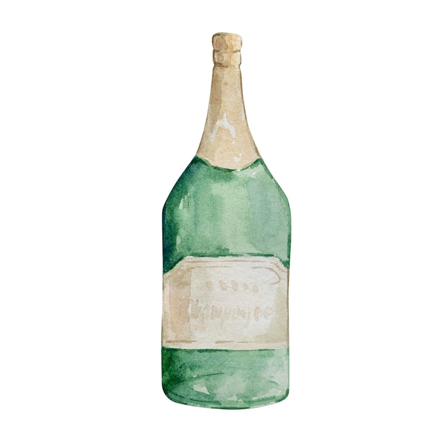 Vector watercolor christmas illustration of a bottle of champagne isolated on a white background.