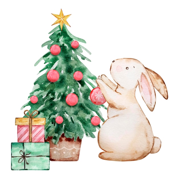 Watercolor christmas illustration bunny decorates the christmas tree
