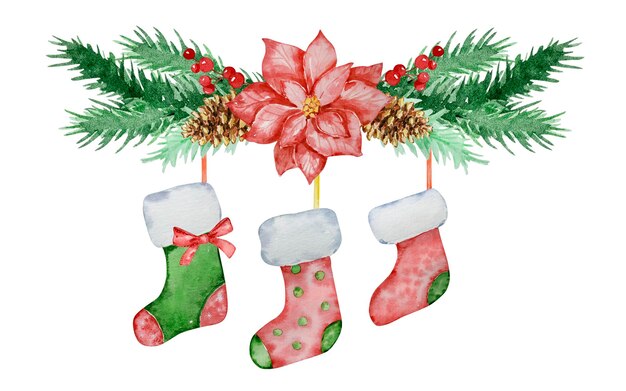 Watercolor Christmas illustration garland of fir branches with Christmas socks