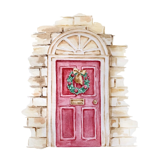 Vector watercolor christmas illustration of a red door with a brick wall with a christmas wreath isolated on a white background.