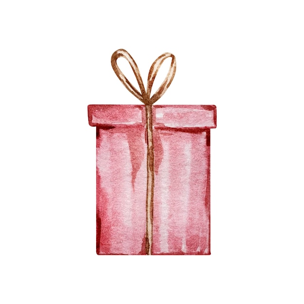 Watercolor Christmas illustration of red gift box with bow isolated on white background.