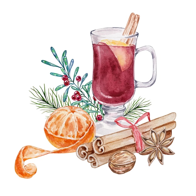 Watercolor Christmas illustration with glint wine. Hand painted wine glass with glint wine, tangerine and cinnamon sticks isolated on white background. Holiday cards.
