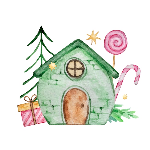 Watercolor christmas illustration with house, christmas tree, gifts and sweets on white background