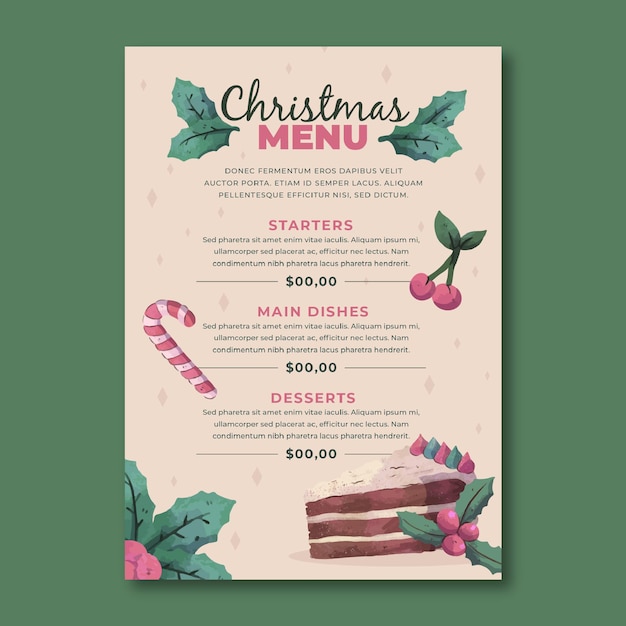 Vector watercolor christmas menu template