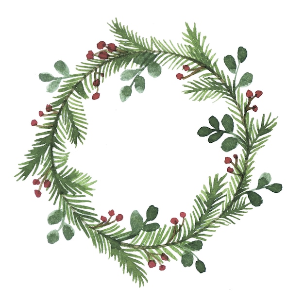 watercolor christmas new year wreath of green leaves and red berries spruce branches holly
